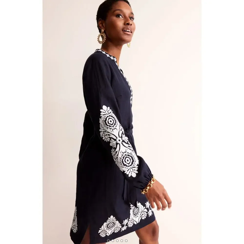 Boden Cleo Embroidered Linen Dress Navy White Long Sleeve Belted Size 14 - Picture 3 of 10